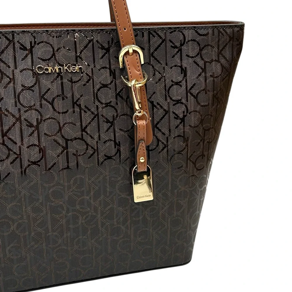 Calvin Klein Serafina Signature Tote Handbag Brown Jacquard Print 15.5x10.5x4.5